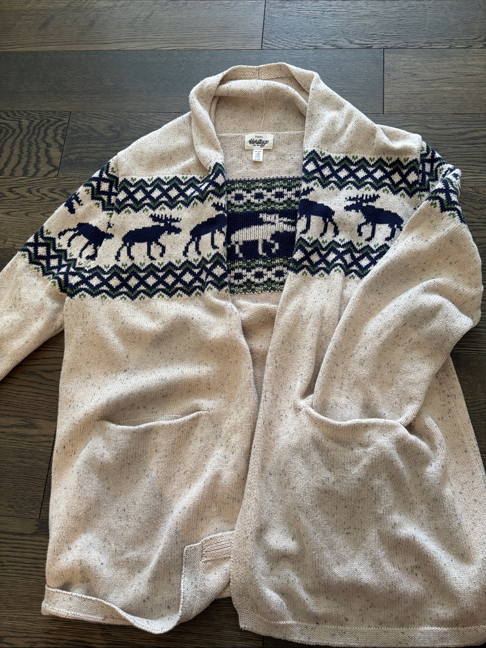 Hatley Women's Beige Shawl Collar Sweater Cardigan Navy Fair Isle Moose Pattern